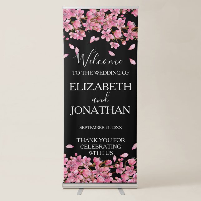 Pink Cherry Blossoms On Black Wedding Retractable Banner (Front)