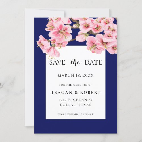 Pink cherry blossoms on navy blue save the date