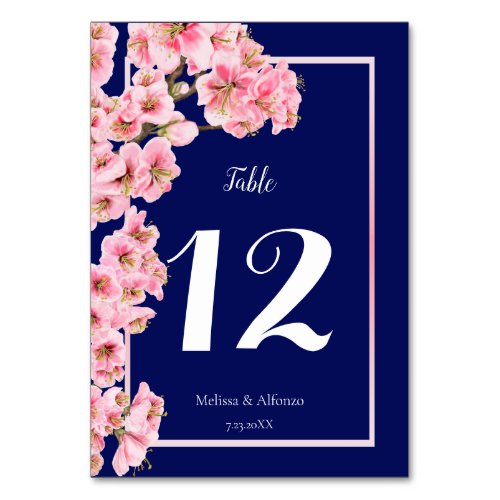 Pink cherry blossoms on navy blue table number