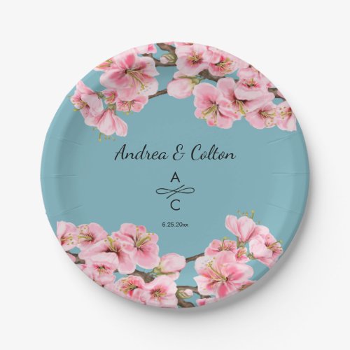 Pink cherry blossoms on robins egg paper plates