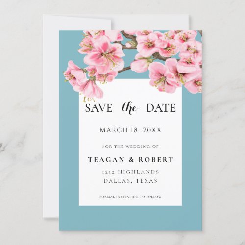 Pink cherry blossoms on robins egg save the date