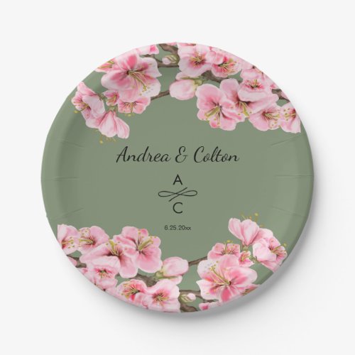 Pink cherry blossoms on sage green paper plates