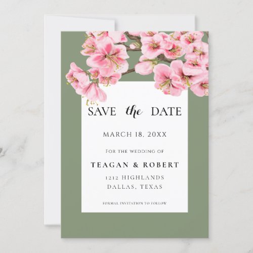 Pink cherry blossoms on sage green save the date