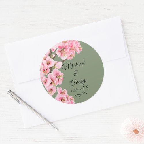 Pink cherry blossoms on sage green sticker