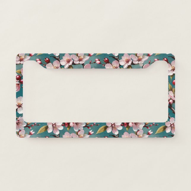 Pink Cherry Blossoms on Teal Background License Plate Frame (Front)