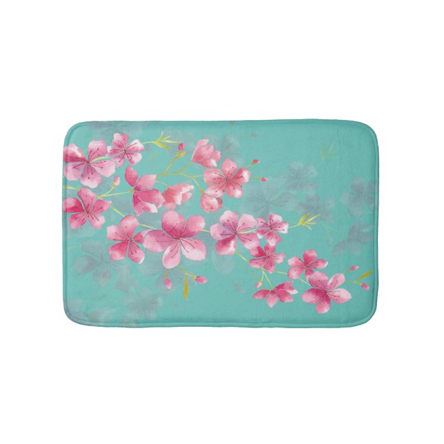 Pink Cherry Blossoms on Teal Bath Mat (Front)