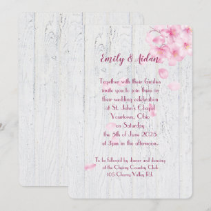 pink cherry blossoms on wood wedding invitation