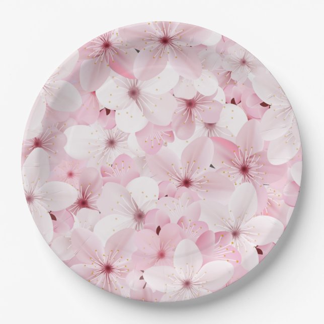 Pink Cherry Blossoms Paper Plates (Front)
