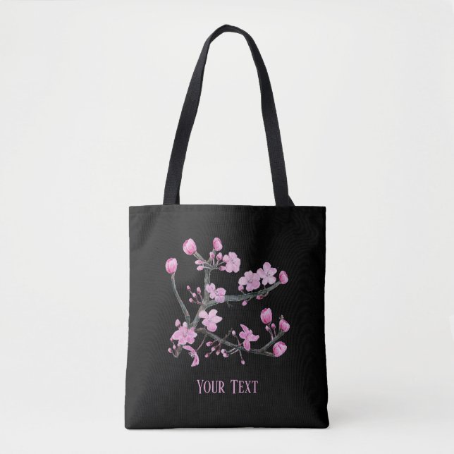 Pink Cherry Blossoms Personalized Black Tote Bag (Front)