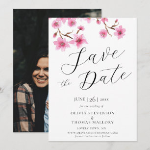 Pink Cherry Blossoms Photo Wedding Save the Date Invitation