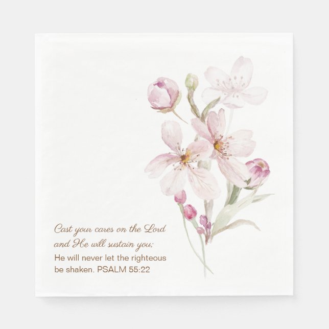 Pink Cherry Blossoms Psalm 55:22 Napkins (Front)