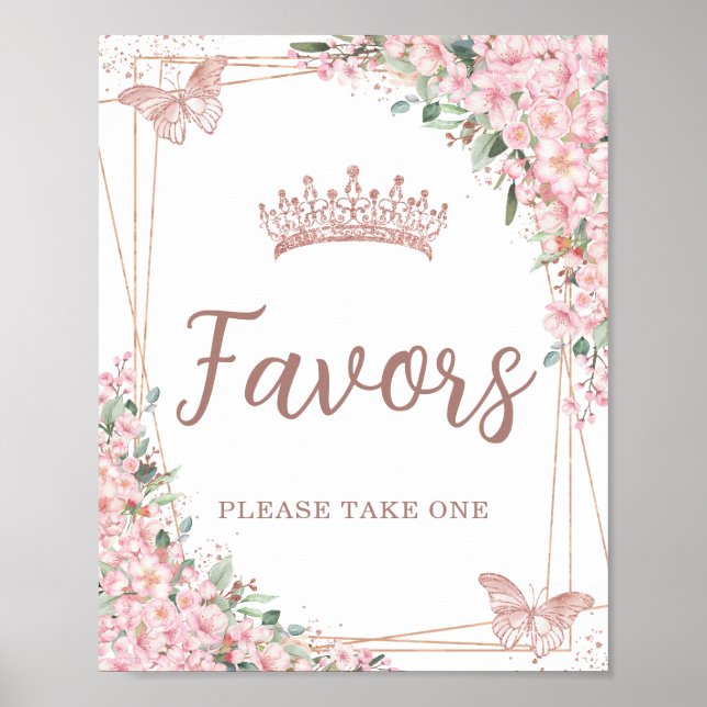 Pink Cherry Blossoms Rose Gold Butterflies Favors Poster (Front)