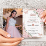 Pink Cherry Blossoms Rose Gold Quinceañera Photo Invitation<br><div class="desc">Personalize this pretty cherry blossoms Quinceañera / Sweet 16 birthday photo invitation easily and quickly. Simply click the customize it further button to edit the texts, change fonts and fonts colors. Featuring beautiful watercolor cherry blossoms flowers, rose gold butterflies and a rose gold geometric frame. Matching items available in store....</div>