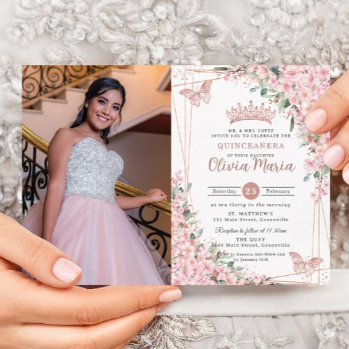 Pink Cherry Blossoms Rose Gold Quinceaera Photo Invitation