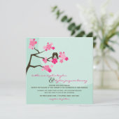 Pink Cherry Blossoms Sakura Love Birds Wedding Invitation (Standing Front)