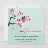Pink Cherry Blossoms Sakura Love Birds Wedding Invitation (Front)