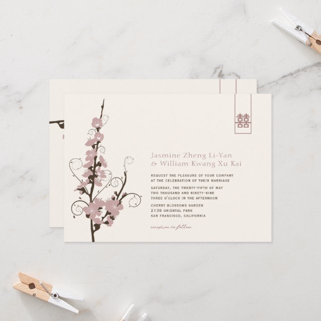 Pink Cherry Blossoms Sakura Swirls Asian Wedding Invitation (Front/Back In Situ)
