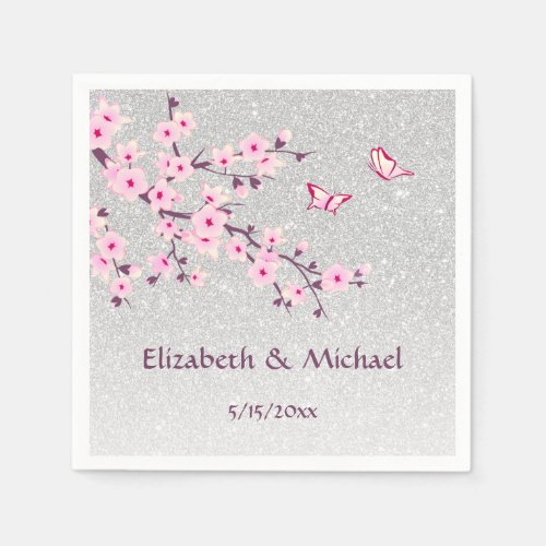  Pink Cherry Blossoms Silver Glitter Wedding  Napkins