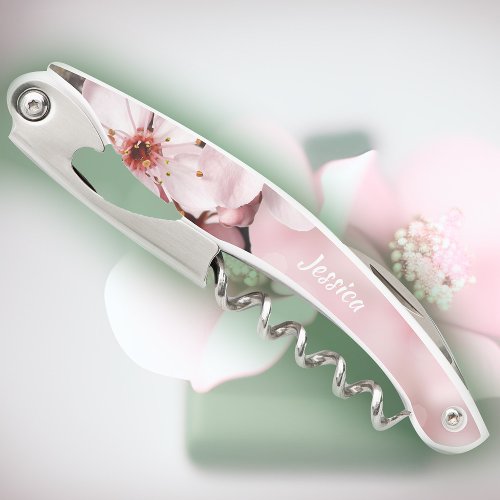 Pink Cherry Blossoms Spring Floral Elegant Bridal Waiters Corkscrew