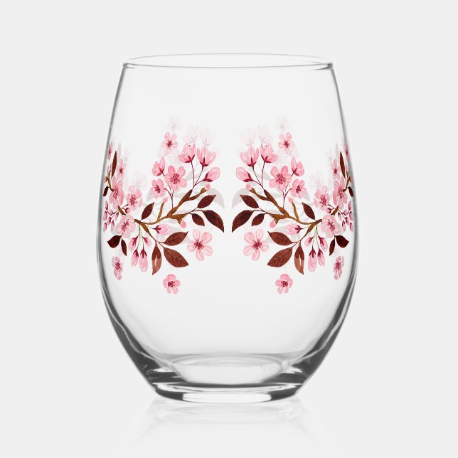 Pink Cherry Blossoms Stemless Wine Glass (Front)