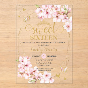 Pink Cherry Blossoms Sweet 16 Sixteen Birthday Acrylic Invitations