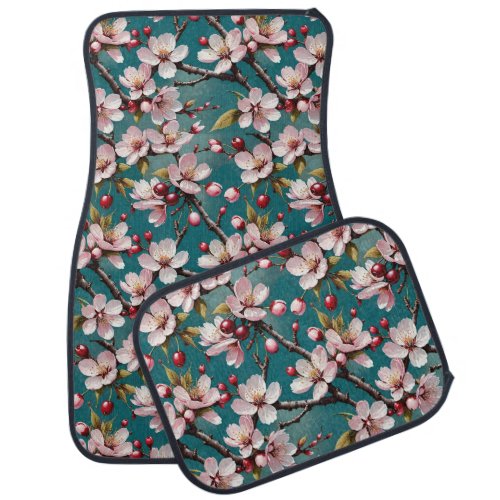 Pink Cherry Blossoms Teal Background Car Floor Mat