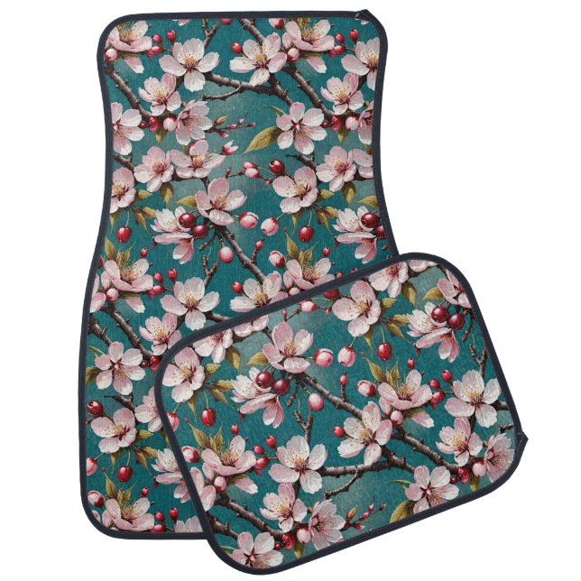 Pink Cherry Blossoms Teal Background Car Floor Mat (Set)