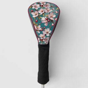Pink Cherry Blossoms Teal Background Golf Head Cover