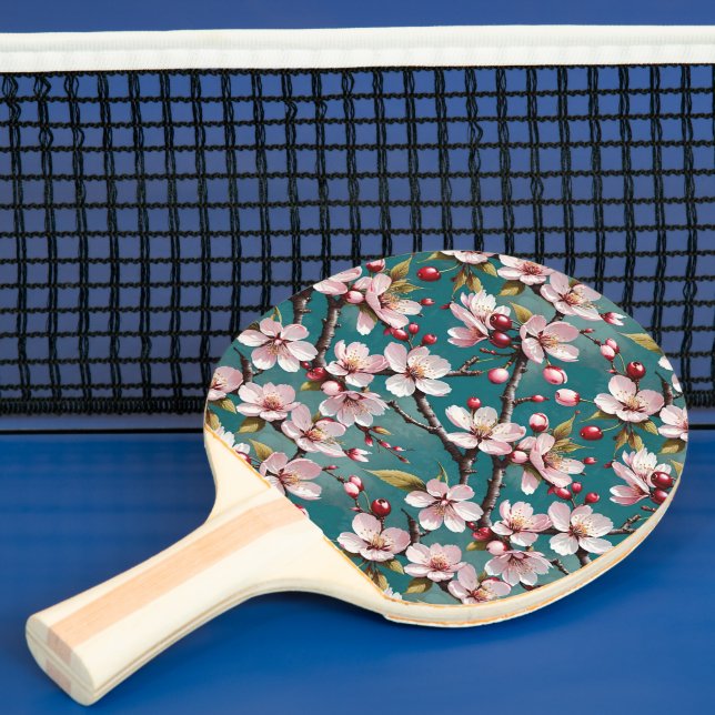 Pink Cherry Blossoms Teal Background Ping Pong Paddle (Insitu)