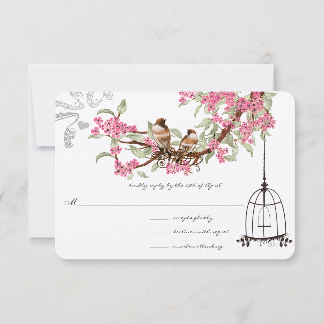 Pink Cherry Blossoms Teal Birds Birdcage RSVP (Front)