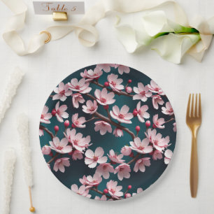 Pink Cherry Blossoms Teal Paper Plates