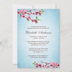 Pink Cherry Blossoms Vintage Blue Bridal Shower Invitation