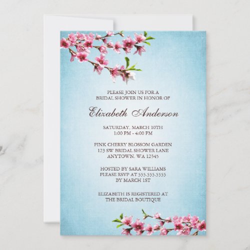 Pink Cherry Blossoms Vintage Blue Bridal Shower Invitation