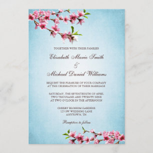 Pink Cherry Blossoms Vintage Blue Wedding Invitation