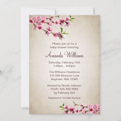 Pink Cherry Blossoms Vintage Tan Baby Shower Invites