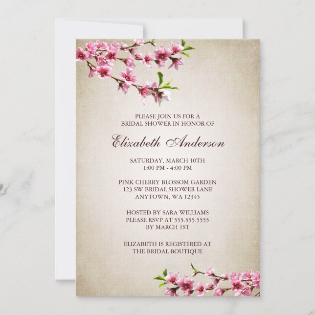 Pink Cherry Blossoms Vintage Tan Bridal Shower Invitation (Front)
