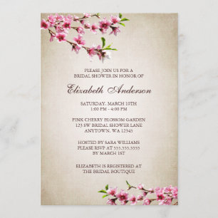 Pink Cherry Blossoms Vintage Tan Bridal Shower Invitation