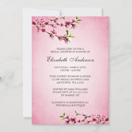 Pink Cherry Blossoms Vintage Tan Bridal Shower Custom Announcements