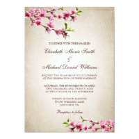 Pink Cherry Blossoms Vintage Tan Wedding Card