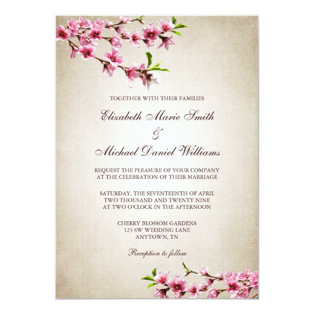 Pink Cherry Blossoms Vintage Tan Wedding Invitation