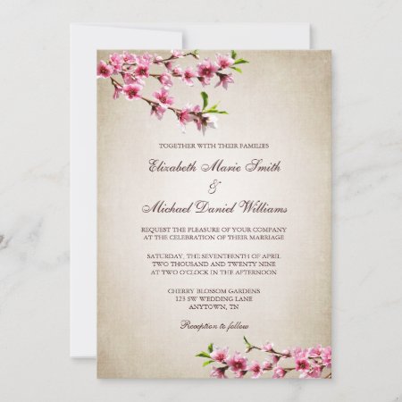 Pink Cherry Blossoms Vintage Tan Wedding Invitation