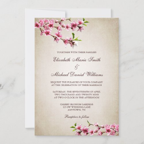 Pink Cherry Blossoms Vintage Tan Wedding Custom Announcement