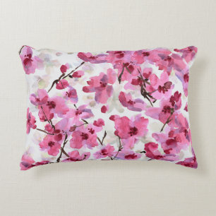 Pink Cherry Blossoms Watercolor Seamless. Accent Pillow