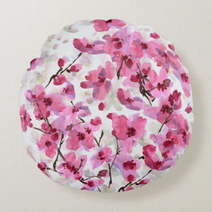 Pink Cherry Blossoms Watercolor Seamless. Round Pillow