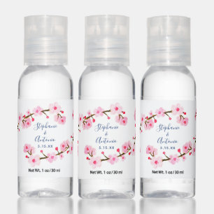 Pink Cherry Blossoms Watercolor Wedding Bottle Set Hand Sanitizer