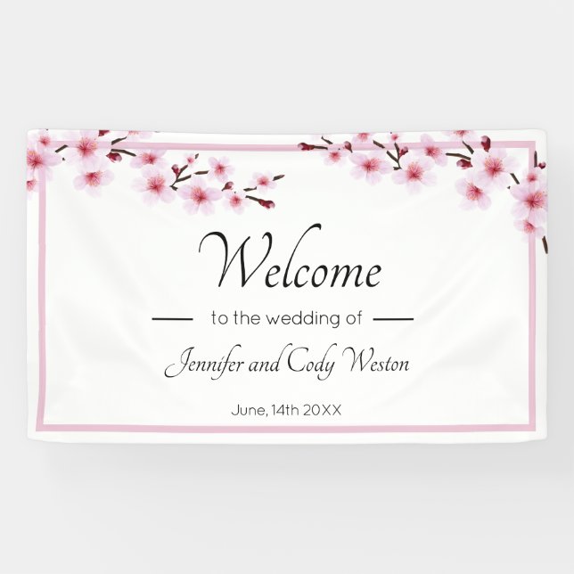 Pink Cherry Blossoms Wedding Banner Sign (Horizontal)