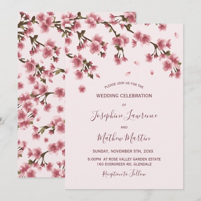 Pink Cherry Blossoms Wedding Invitation (Front/Back)