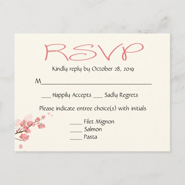 Pink Cherry Blossoms Wedding Party RSVP Post Card (Front)