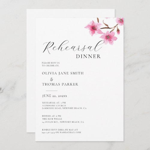 Pink Cherry Blossoms Wedding Rehearsal Dinner Invitation