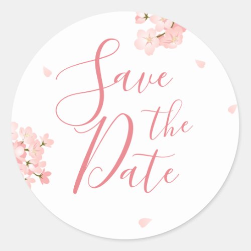 Pink Cherry Blossoms Wedding Save the Date Classic Round Sticker